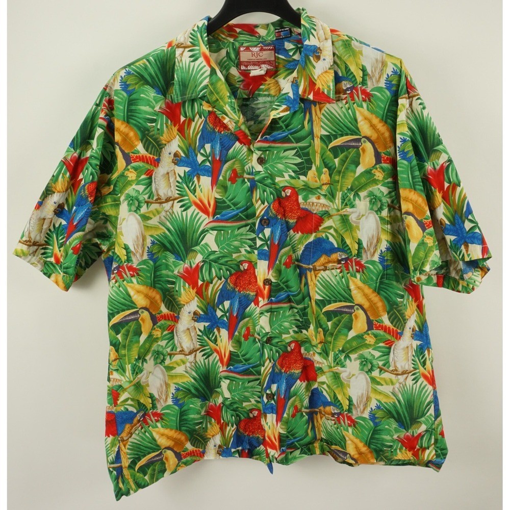 Vintage RJC USA Men's 2XL Green Parrot Macau Toucan Bird‎ Print Hawaiian Shirt